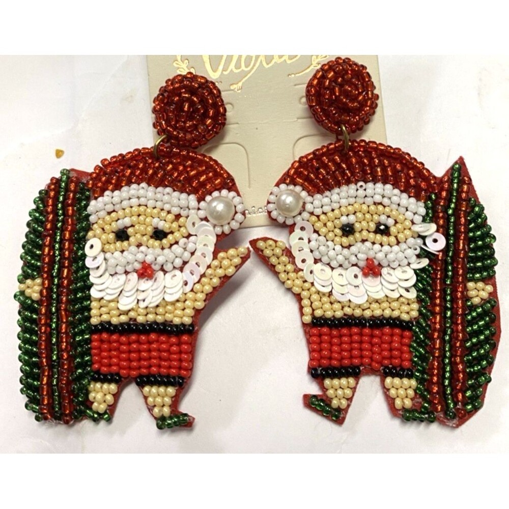Beaded Earrings Winter Holiday Christmas Santa Claus Surfboard 3-1/4" x 2" New
